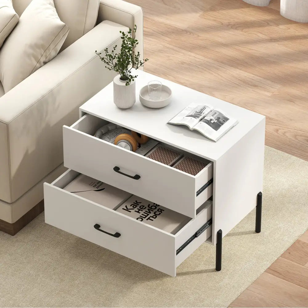 Modern Wooden 2-Drawer Nightstand with Metal Legs and Handles-White - White - Nightstands