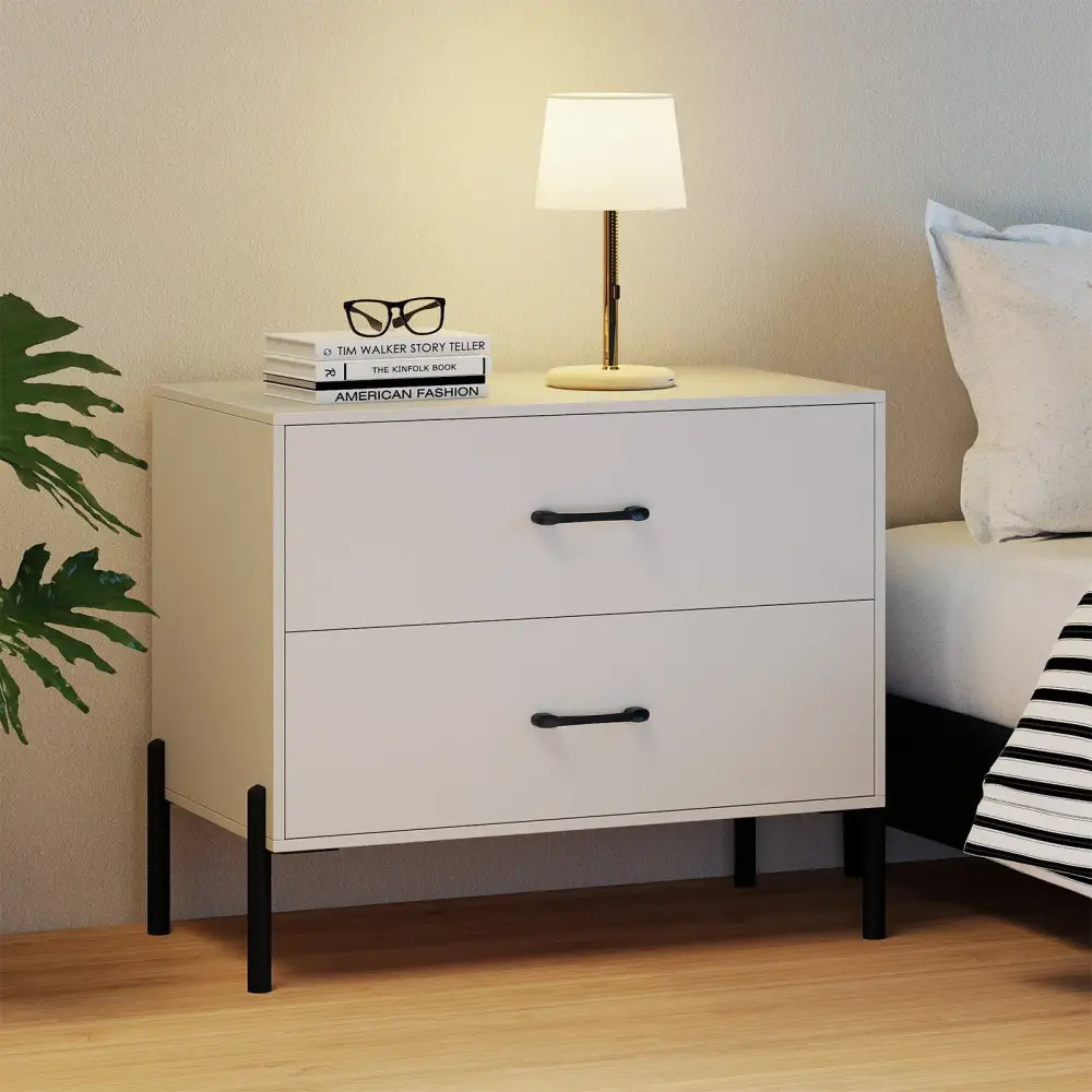Modern Wooden 2-Drawer Nightstand with Metal Legs and Handles-White - White - Nightstands