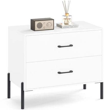 Modern Wooden 2-Drawer Nightstand with Metal Legs and Handles-White - White - Nightstands