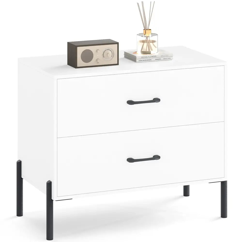 Modern Wooden 2-Drawer Nightstand with Metal Legs and Handles-White - White - Nightstands