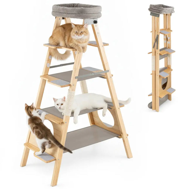 Modern Wooden Cat Tree Foldable Cat Climbing Furniture-Gray - Gray - Cat Trees Condos & Scratchers