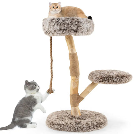 Modern Wooden Cat Tree Tower with Perch and Natural Jute Scratching Posts - Brown - Oasis Home Essentials