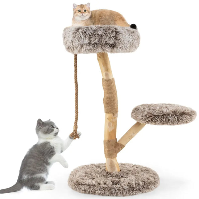 Modern Wooden Cat Tree Tower with Perch and Natural Jute Scratching Posts - Brown - Oasis Home Essentials
