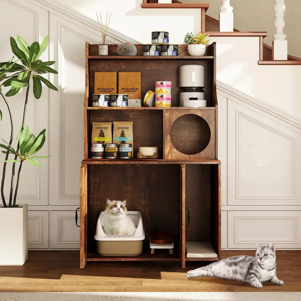Modern Wooden Industrial Cat Litter Box Enclosure with Storage Shelves-Brown - Brown - Cat Houses