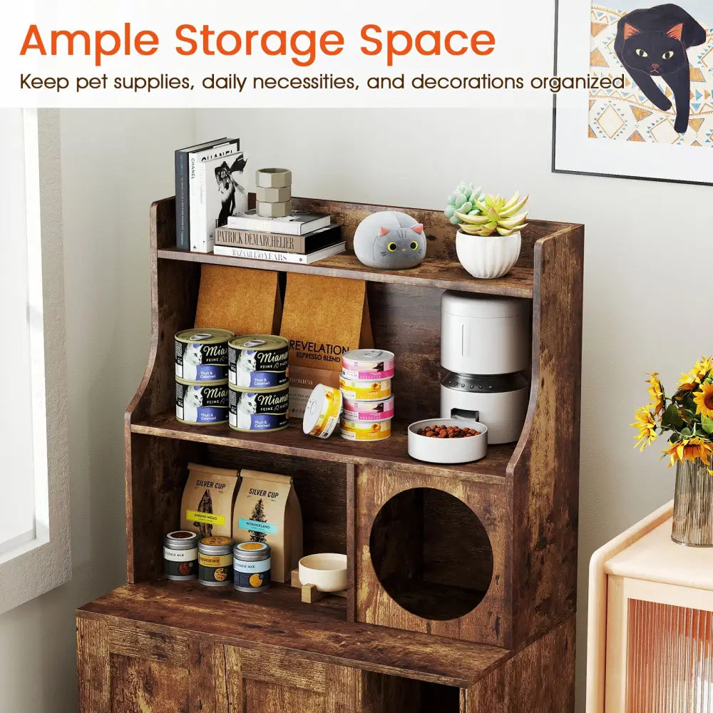 Modern Wooden Industrial Cat Litter Box Enclosure with Storage Shelves-Brown - Brown - Cat Houses