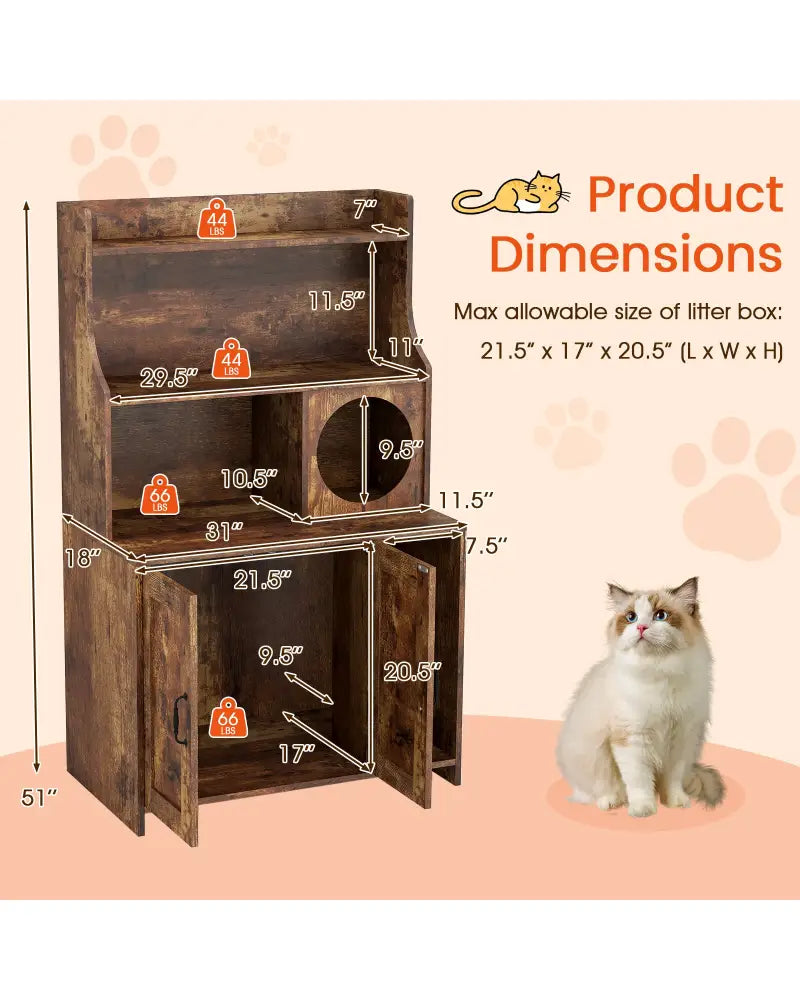 Modern Wooden Industrial Cat Litter Box Enclosure with Storage Shelves-Brown - Brown - Cat Houses