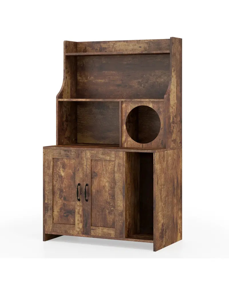 Modern Wooden Industrial Cat Litter Box Enclosure with Storage Shelves-Brown - Brown - Cat Houses