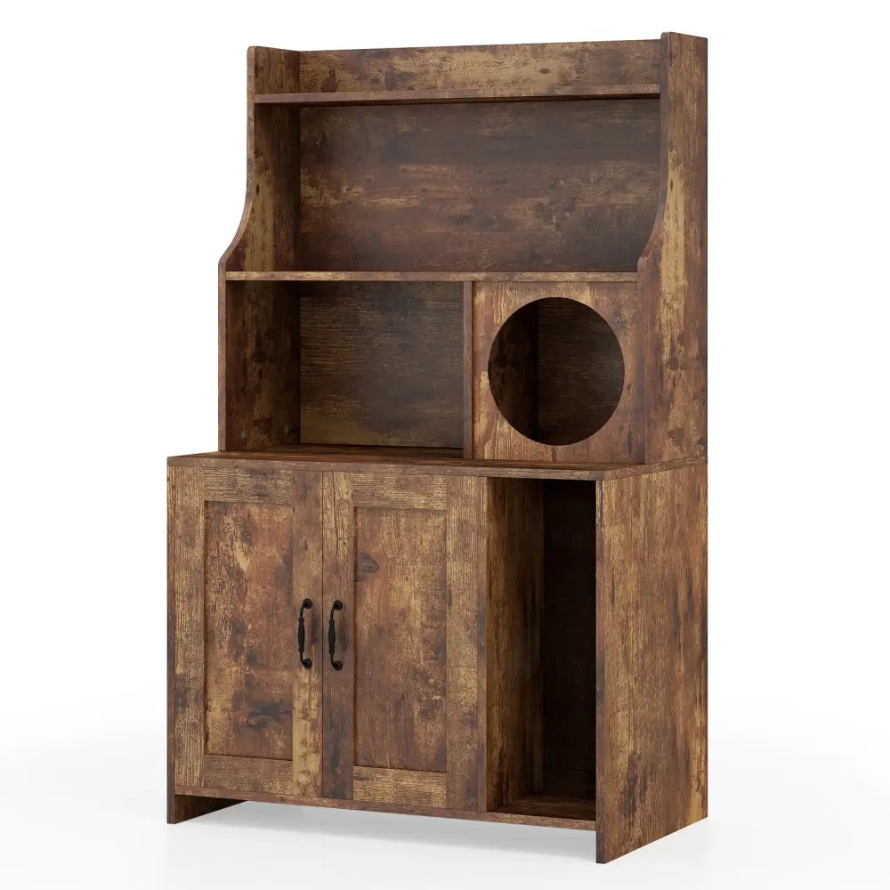 Modern Wooden Industrial Cat Litter Box Enclosure with Storage Shelves-Brown - Brown - Cat Houses