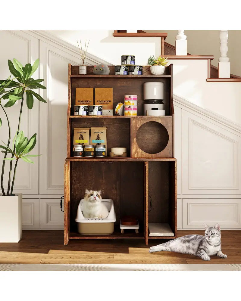 Modern Wooden Industrial Cat Litter Box Enclosure with Storage Shelves-Brown - Brown - Cat Houses