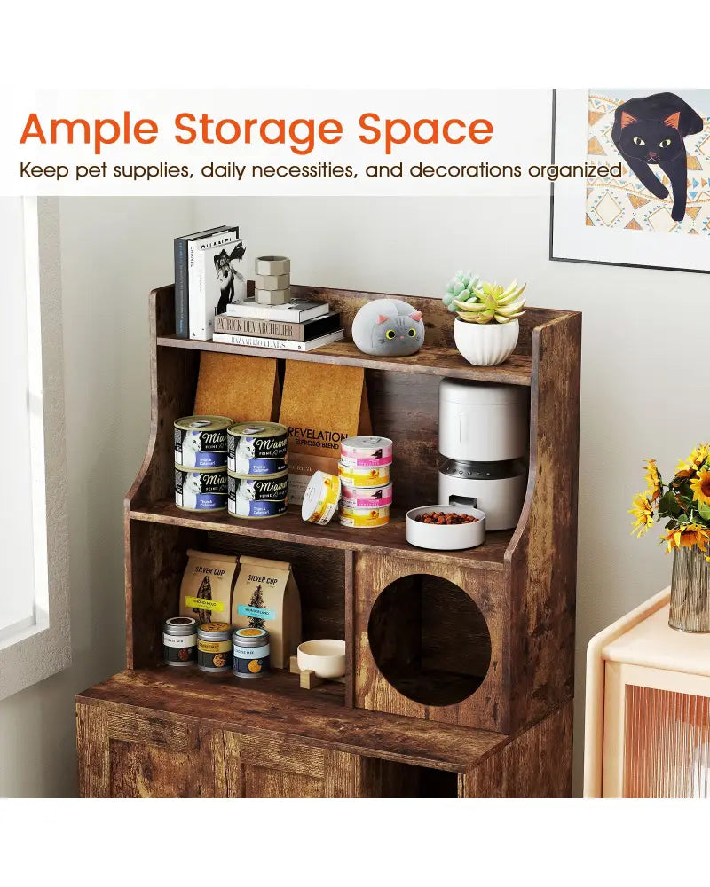Modern Wooden Industrial Cat Litter Box Enclosure with Storage Shelves-Brown - Brown - Cat Houses