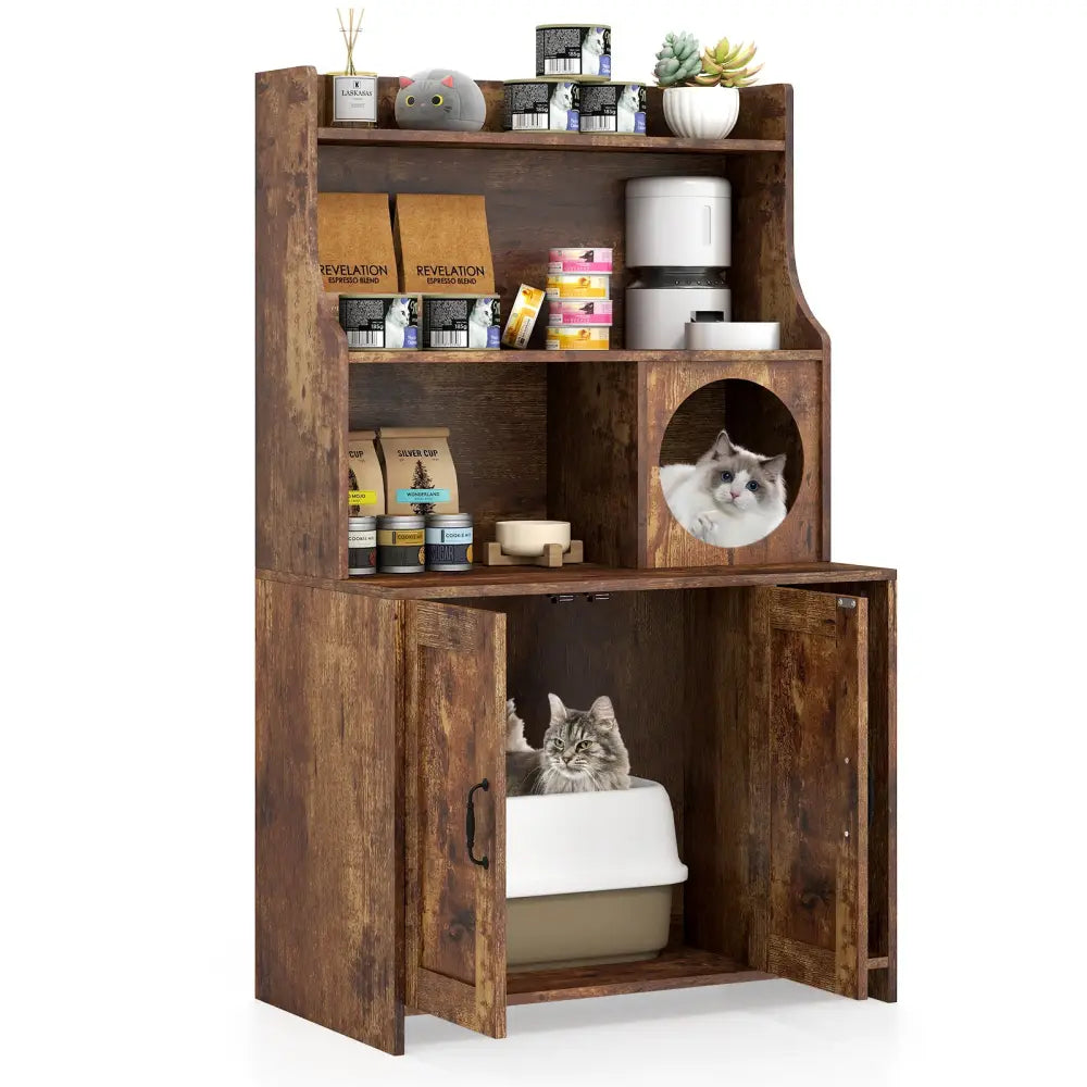 Modern Wooden Industrial Cat Litter Box Enclosure with Storage Shelves-Brown - Brown - Cat Houses