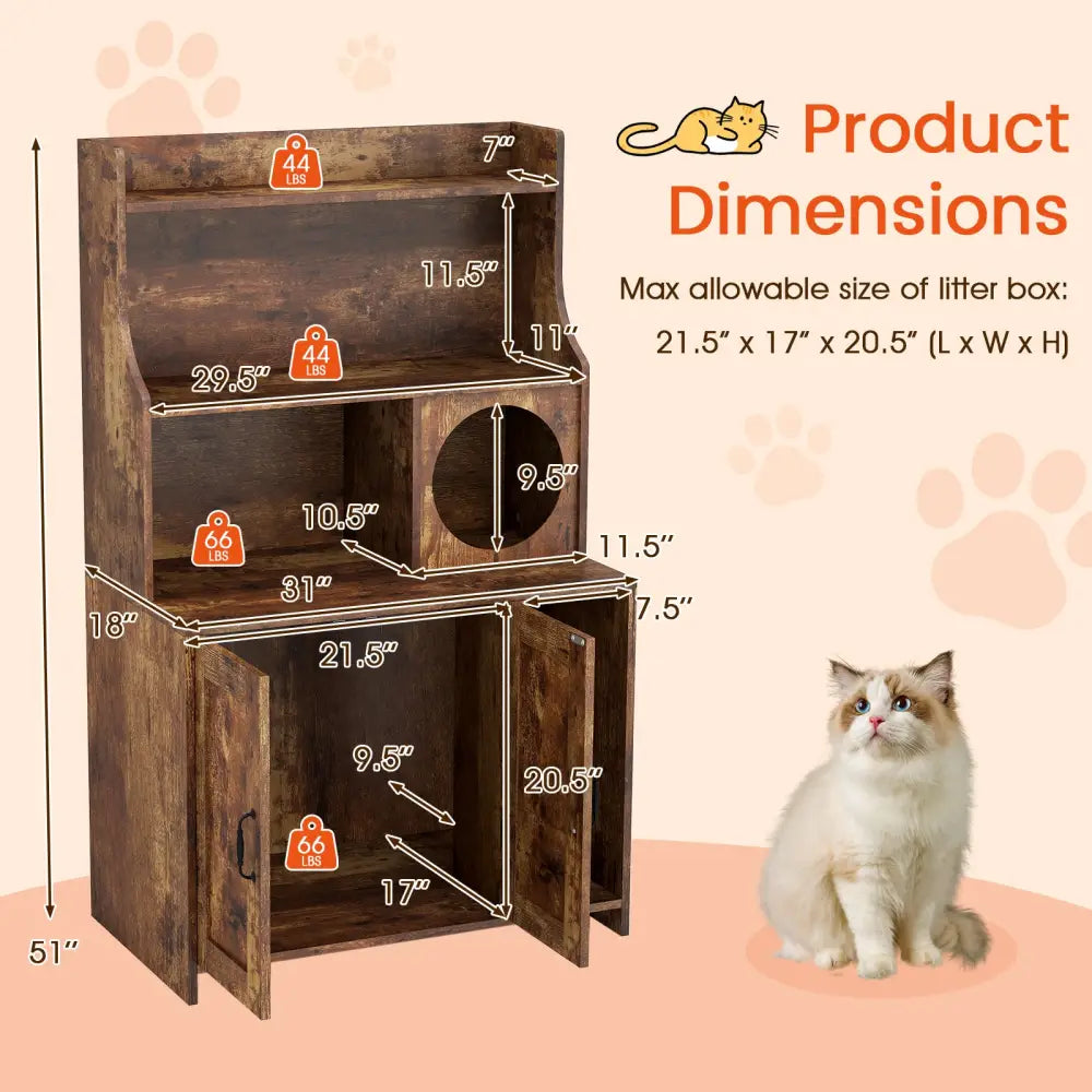 Modern Wooden Industrial Cat Litter Box Enclosure with Storage Shelves-Brown - Brown - Cat Houses