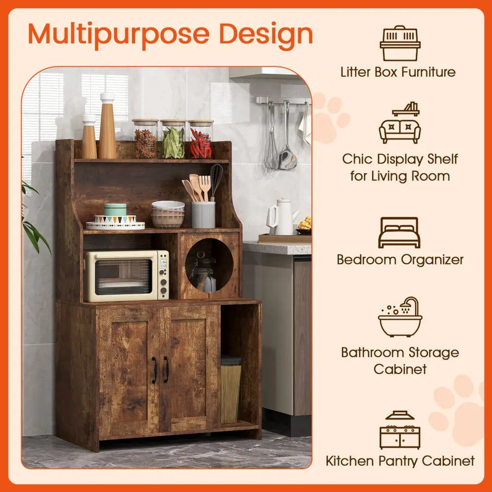 Modern Wooden Industrial Cat Litter Box Enclosure with Storage Shelves-Brown - Brown - Cat Houses