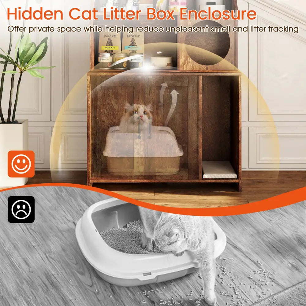 Modern Wooden Industrial Cat Litter Box Enclosure with Storage Shelves-Brown - Brown - Cat Houses