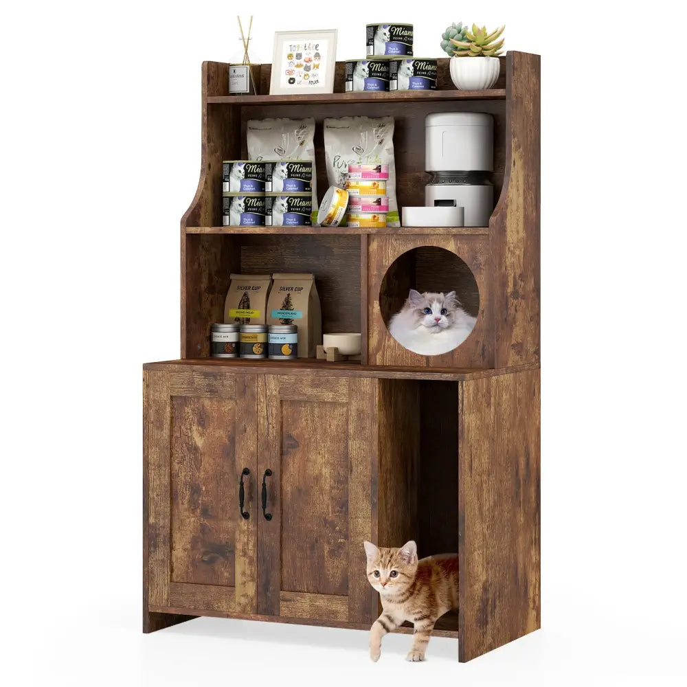 Modern Wooden Industrial Cat Litter Box Enclosure with Storage Shelves-Brown - Brown - Cat Houses