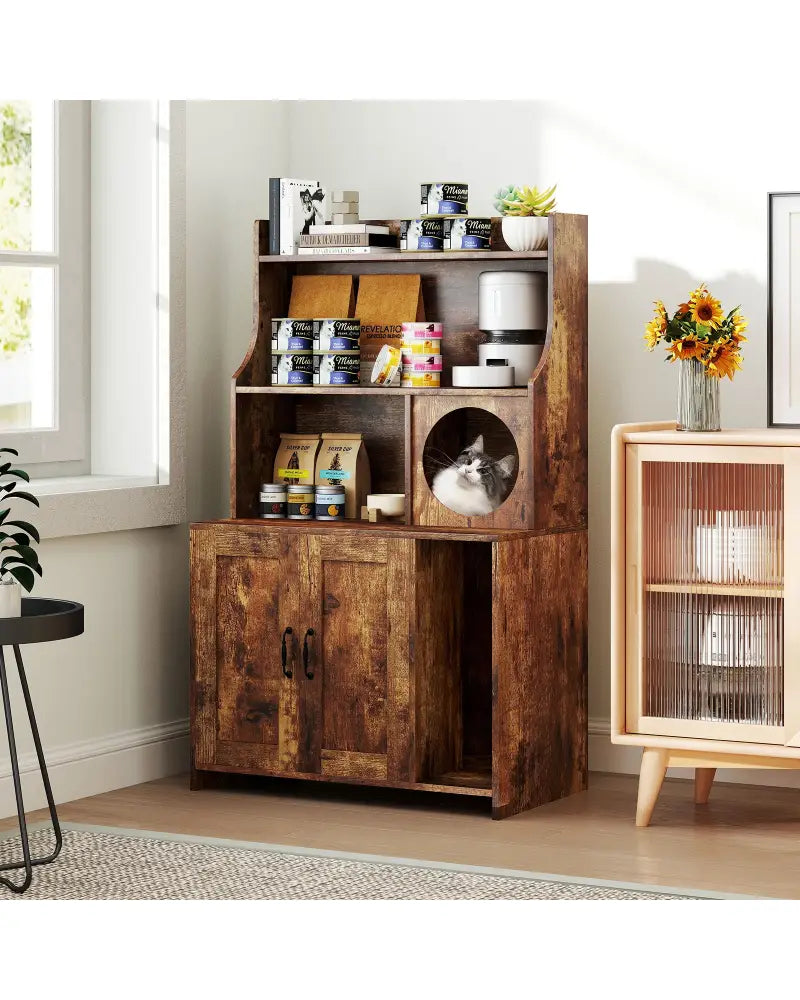 Modern Wooden Industrial Cat Litter Box Enclosure with Storage Shelves-Brown - Brown - Cat Houses