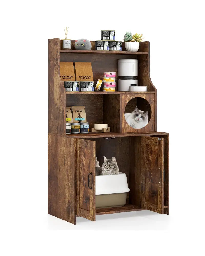 Modern Wooden Industrial Cat Litter Box Enclosure with Storage Shelves-Brown - Brown - Cat Houses
