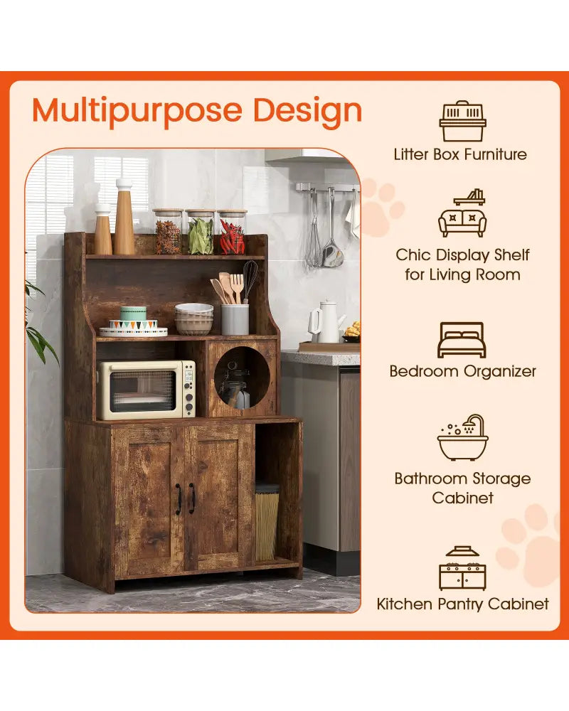 Modern Wooden Industrial Cat Litter Box Enclosure with Storage Shelves-Brown - Brown - Cat Houses