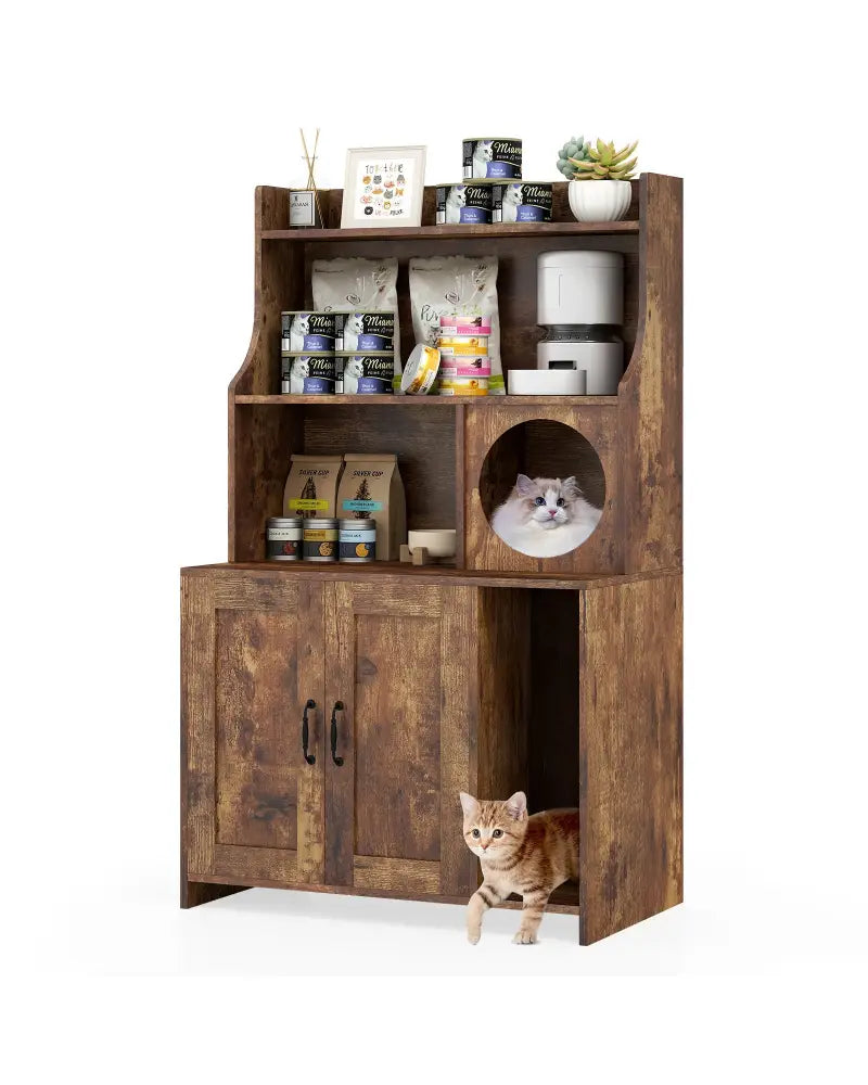 Modern Wooden Industrial Cat Litter Box Enclosure with Storage Shelves-Brown - Brown - Cat Houses