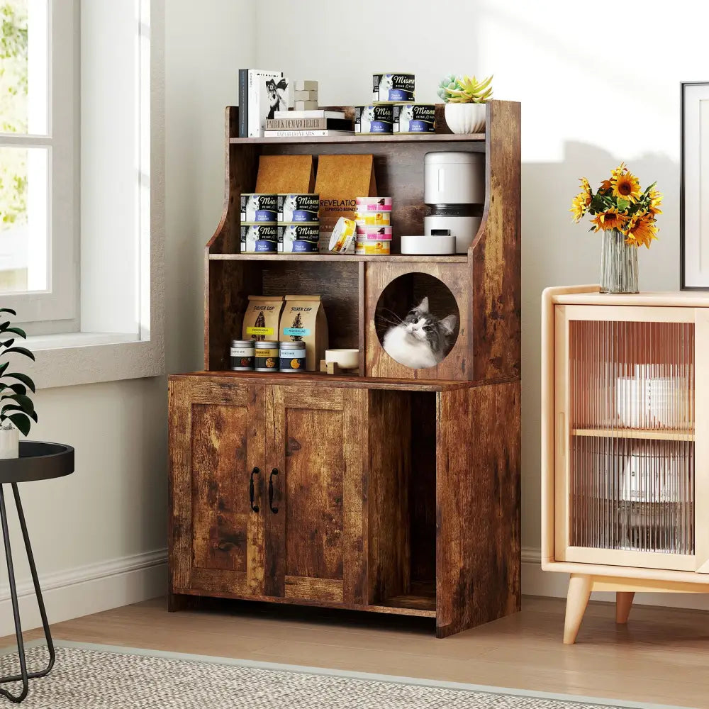 Modern Wooden Industrial Cat Litter Box Enclosure with Storage Shelves-Brown - Brown - Cat Houses