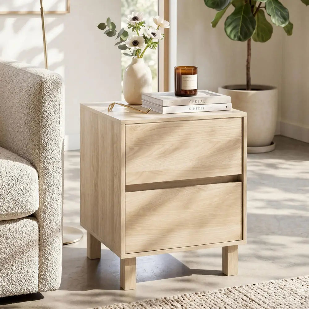 Modern WoodenEnd Table with 2 Storage Drawers-Natural - Natural - End & Side Tables
