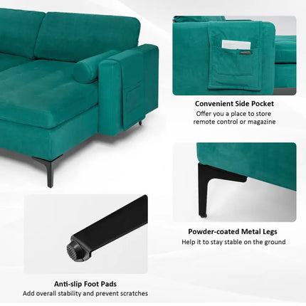 Modular 1/2/3/4-Seat L-Shaped Sectional Sofa Couch with Socket USB Port-3-Seat L-shaped - Teal - Sofas & Loveseats