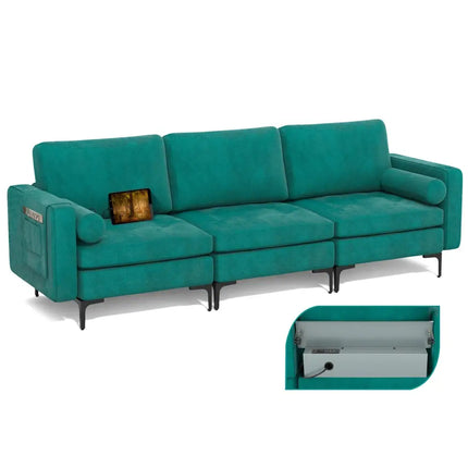 Modular 1/2/3/4-Seat L-Shaped Sectional Sofa Couch with Socket USB Port-3-Seat with USB port - Teal - Sofas & Loveseats