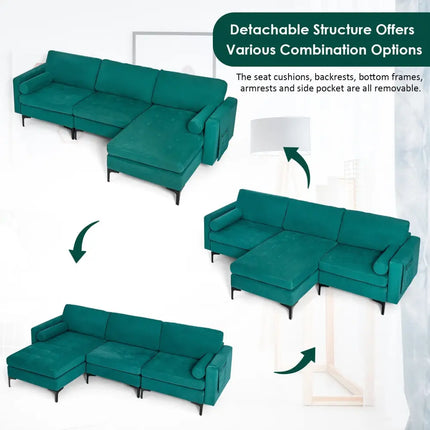 Modular 1/2/3/4-Seat L-Shaped Sectional Sofa Couch with Socket USB Port-3-Seat L-shaped - Teal - Sofas & Loveseats