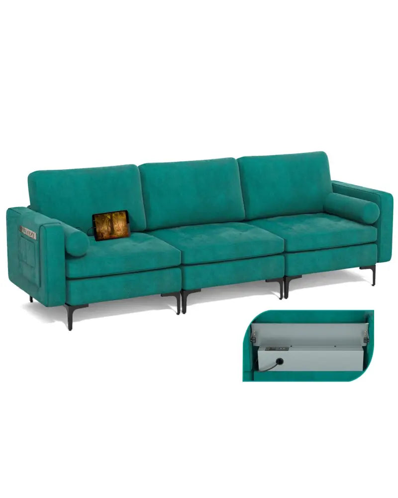 Modular 1/2/3/4-Seat L-Shaped Sectional Sofa Couch with Socket USB Port-3-Seat with USB port - Teal - Sofas & Loveseats