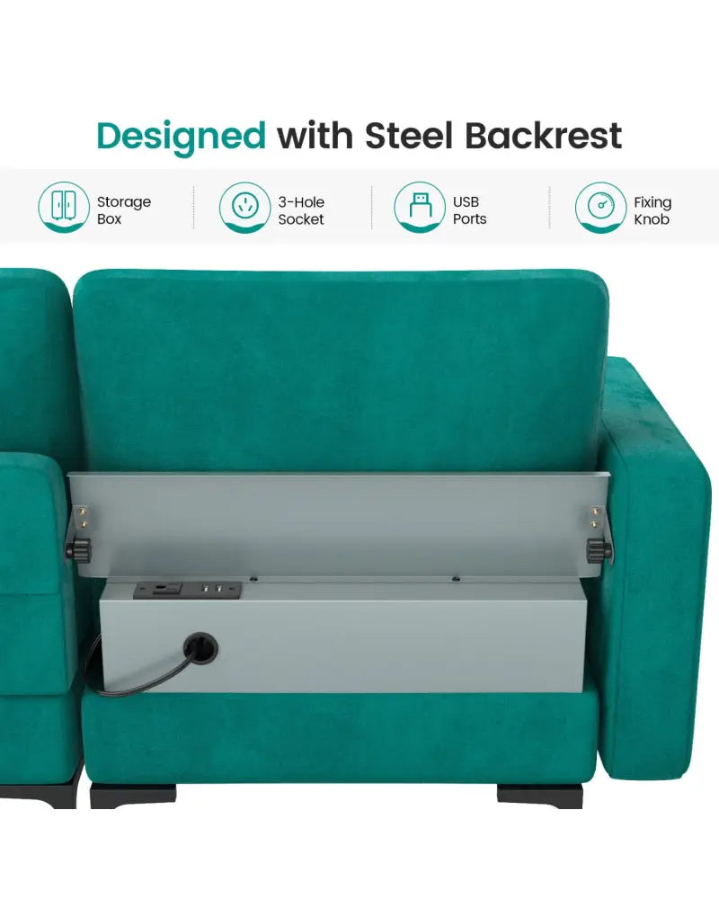 Modular 1/2/3/4-Seat L-Shaped Sectional Sofa Couch with Socket USB Port-3-Seat with USB port - Teal - Sofas & Loveseats
