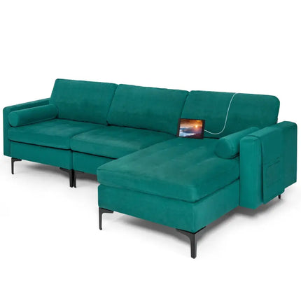 Modular 1/2/3/4-Seat L-Shaped Sectional Sofa Couch with Socket USB Port-3-Seat L-shaped - Teal - Sofas & Loveseats
