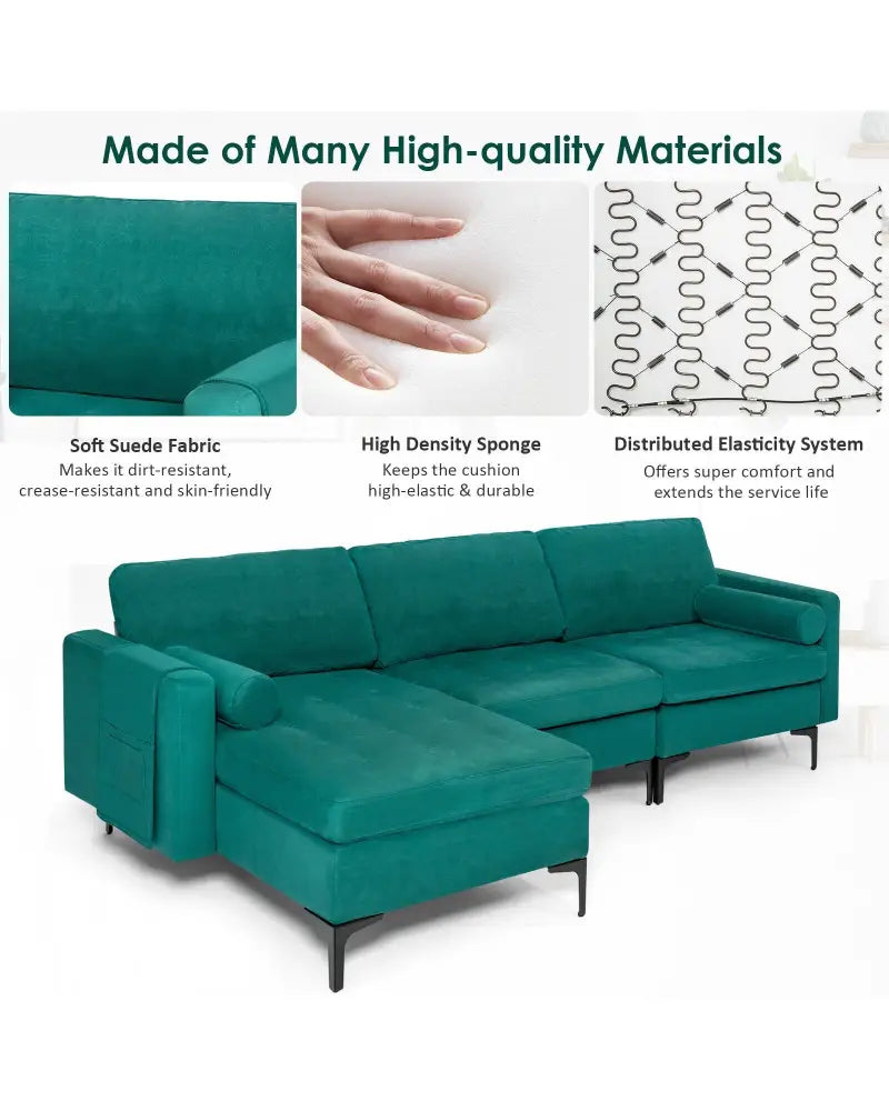 Modular 1/2/3/4-Seat L-Shaped Sectional Sofa Couch with Socket USB Port-3-Seat L-shaped - Teal - Sofas & Loveseats
