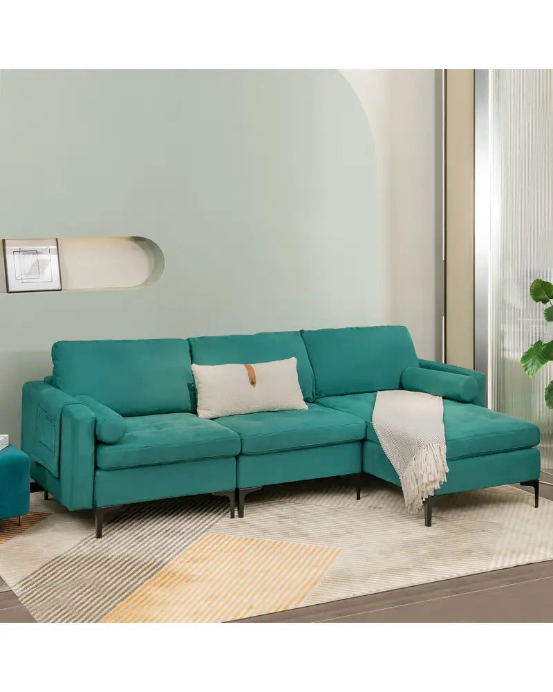Modular 1/2/3/4-Seat L-Shaped Sectional Sofa Couch with Socket USB Port-3-Seat L-shaped - Teal - Sofas & Loveseats