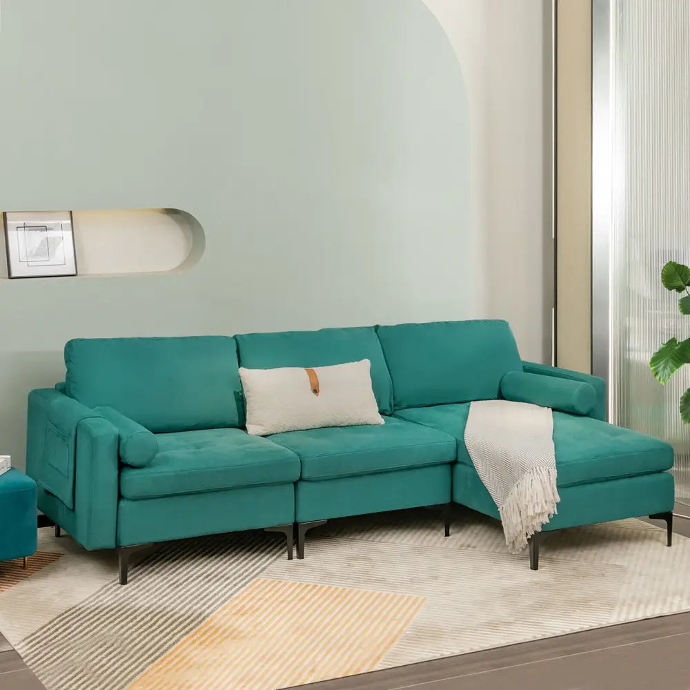 Modular 1/2/3/4-Seat L-Shaped Sectional Sofa Couch with Socket USB Port-3-Seat L-shaped - Teal - Sofas & Loveseats