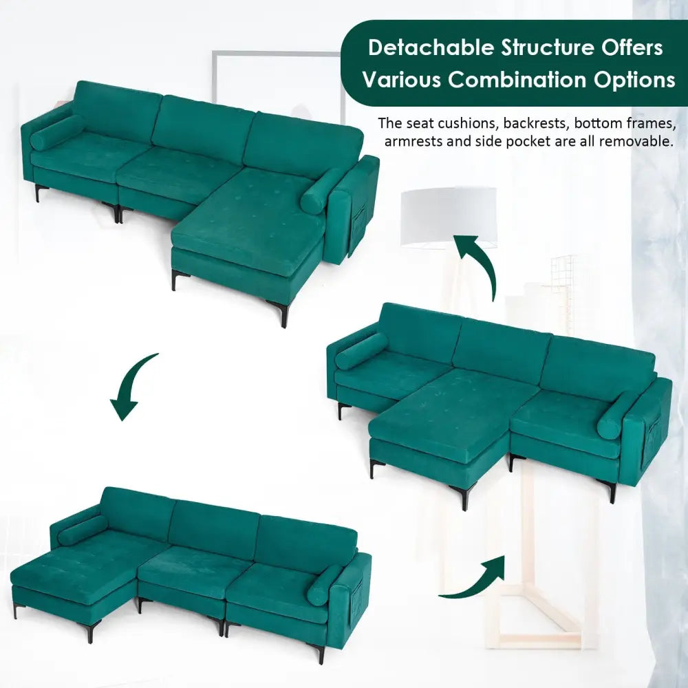 Modular 1/2/3/4-Seat L-Shaped Sectional Sofa Couch with Socket USB Port-3-Seat L-shaped - Teal - Sofas & Loveseats