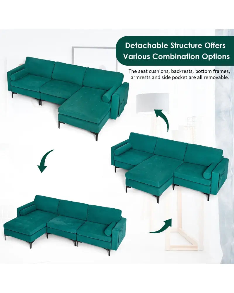 Modular 1/2/3/4-Seat L-Shaped Sectional Sofa Couch with Socket USB Port-3-Seat L-shaped - Teal - Sofas & Loveseats