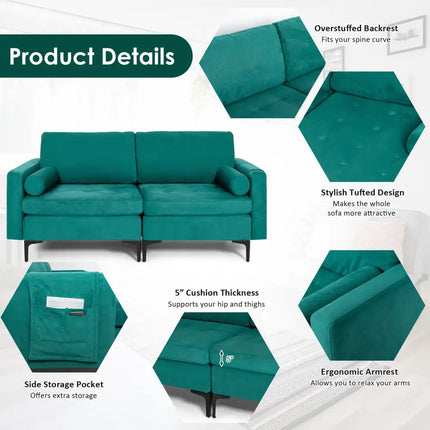 Modular 1/2/3/4-Seat L-Shaped Sectional Sofa Couch with Socket USB Port-2-Seat - Turquoise - Sofas & Loveseats