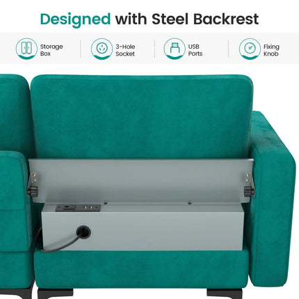 Modular 1/2/3/4-Seat L-Shaped Sectional Sofa Couch with Socket USB Port-3-Seat with USB port - Teal - Sofas & Loveseats