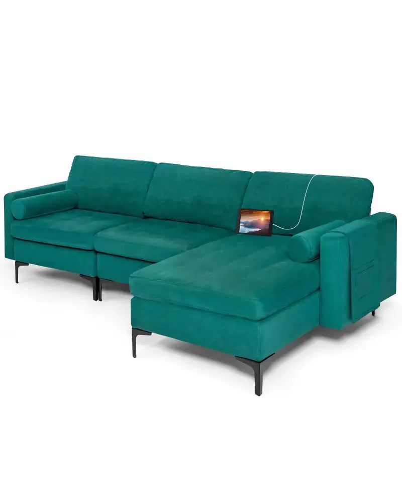 Modular 1/2/3/4-Seat L-Shaped Sectional Sofa Couch with Socket USB Port-3-Seat L-shaped - Teal - Sofas & Loveseats