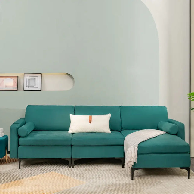 Modular 1/2/3/4-Seat L-Shaped Sectional Sofa Couch with Socket USB Port-3-Seat L-shaped - Teal - Sofas & Loveseats