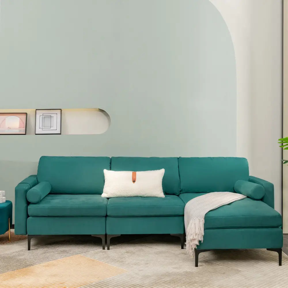 Modular 1/2/3/4-Seat L-Shaped Sectional Sofa Couch with Socket USB Port-3-Seat L-shaped - Teal - Sofas & Loveseats