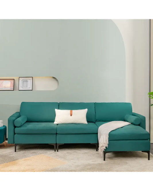 Modular 1/2/3/4-Seat L-Shaped Sectional Sofa Couch with Socket USB Port-3-Seat L-shaped - Teal - Sofas & Loveseats