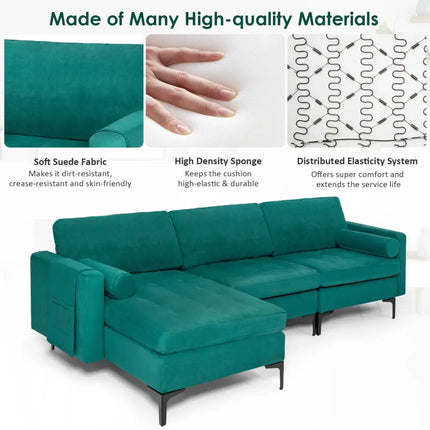 Modular 1/2/3/4-Seat L-Shaped Sectional Sofa Couch with Socket USB Port-3-Seat L-shaped - Teal - Sofas & Loveseats