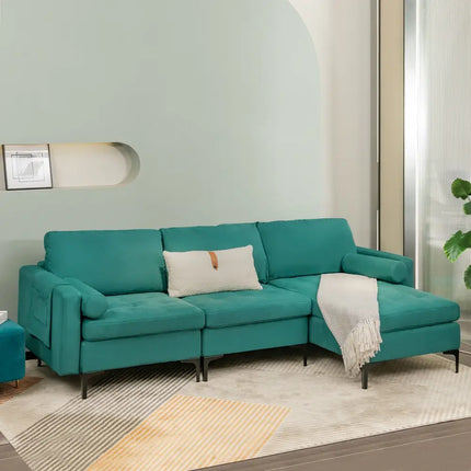 Modular 1/2/3/4-Seat L-Shaped Sectional Sofa Couch with Socket USB Port-3-Seat L-shaped - Teal - Sofas & Loveseats