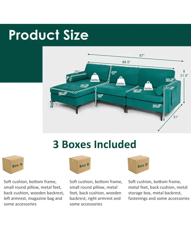 Modular 1/2/3/4-Seat L-Shaped Sectional Sofa Couch with Socket USB Port-3-Seat L-shaped - Teal - Sofas & Loveseats