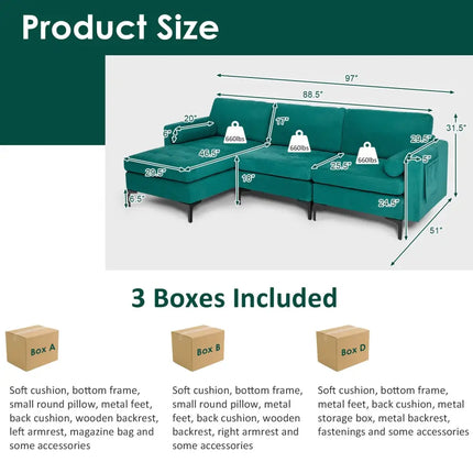 Modular 1/2/3/4-Seat L-Shaped Sectional Sofa Couch with Socket USB Port-3-Seat L-shaped - Teal - Sofas & Loveseats