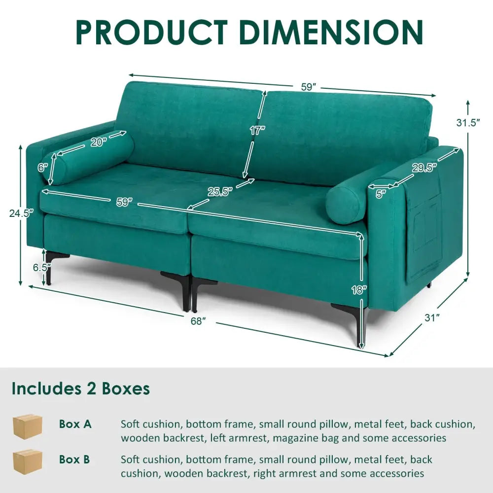 Modular 1/2/3/4-Seat L-Shaped Sectional Sofa Couch with Socket USB Port-2-Seat - Turquoise - Sofas & Loveseats