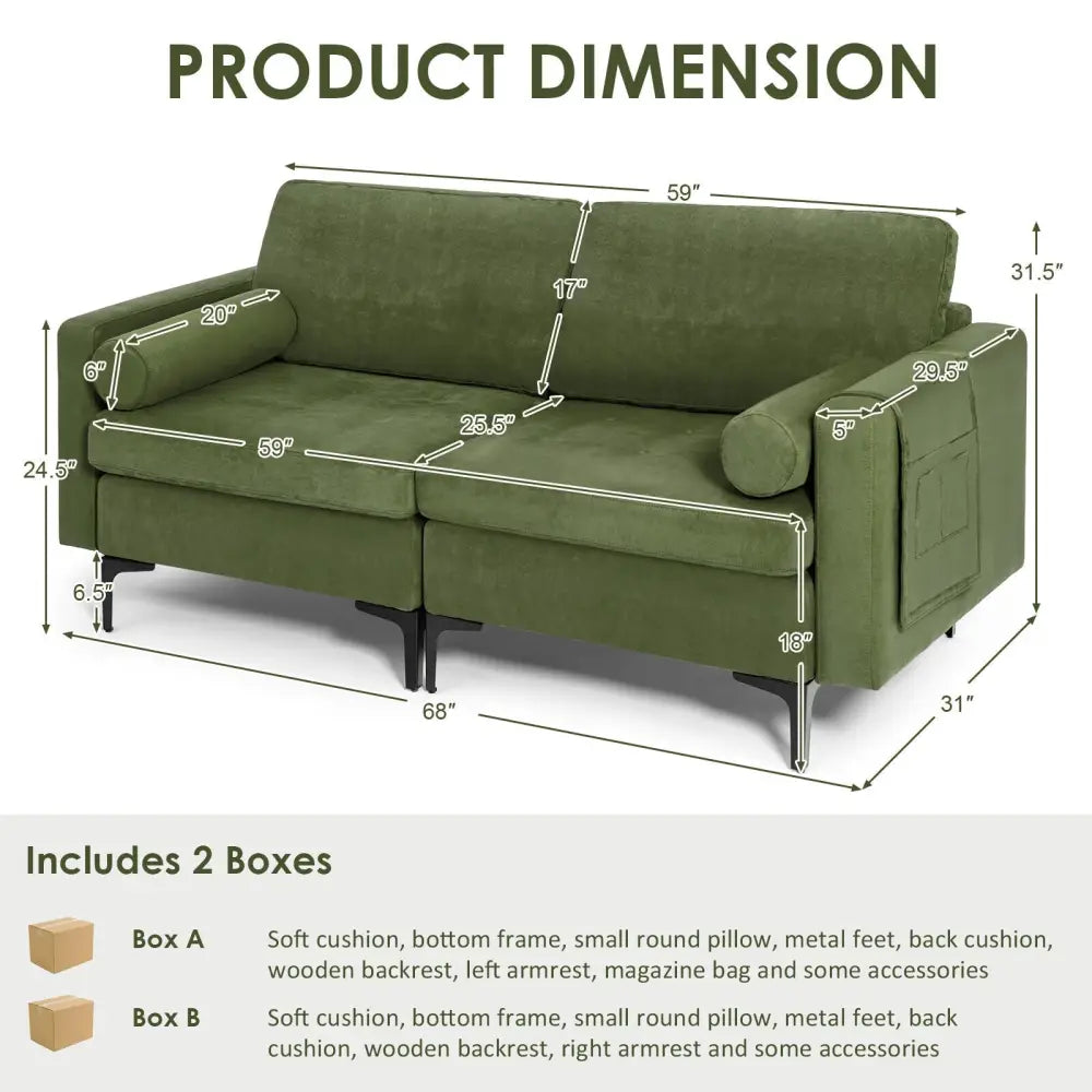 Modular 2-seat/3-Seat/4-Seat L-shaped Sectional Sofa Couch with Reversible Chaise and Socket USB Ports-2-Seat - Army
