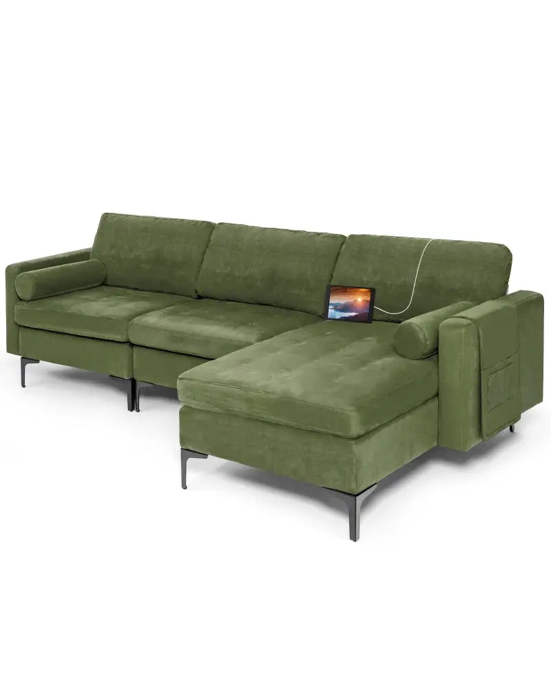 Modular 2-seat/3-Seat/4-Seat L-shaped Sectional Sofa Couch with Reversible Chaise and Socket USB Ports-3-Seat L-shaped