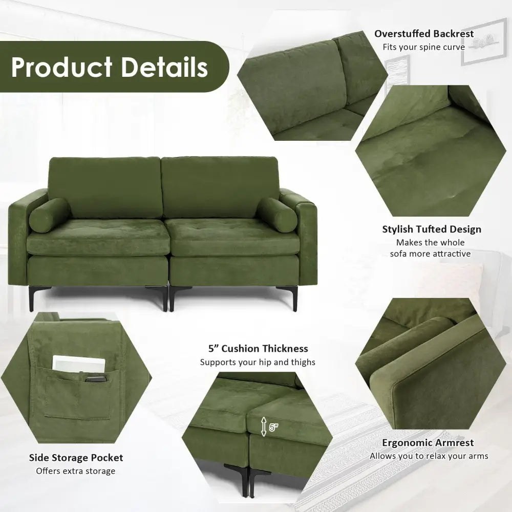 Modular 2-seat/3-Seat/4-Seat L-shaped Sectional Sofa Couch with Reversible Chaise and Socket USB Ports-2-Seat - Army
